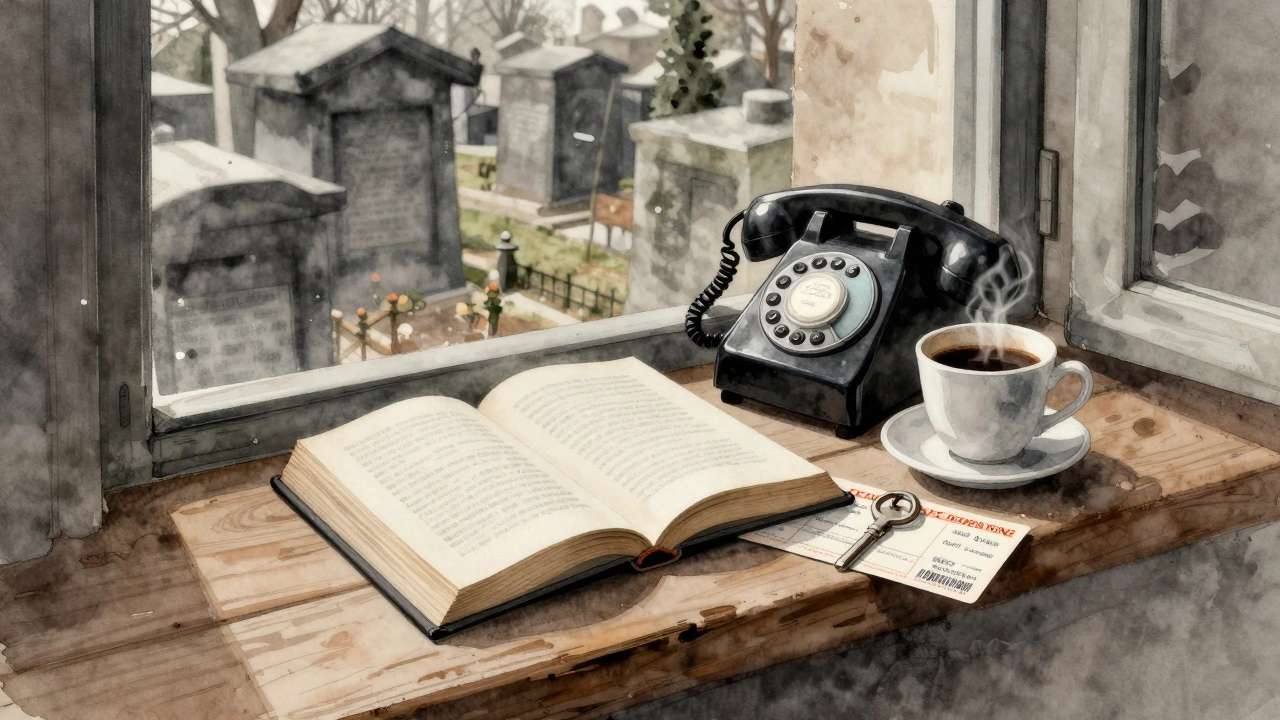 An open book and encrypted phone on a windowsill overlooking a cemetery, with coffee and a train ticket.