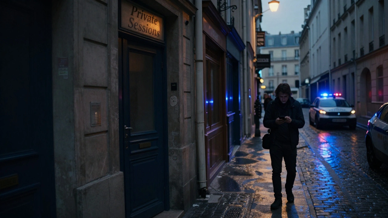 An unmarked door in a dim Paris alley at dusk, with a hesitant visitor and police car in the distance.