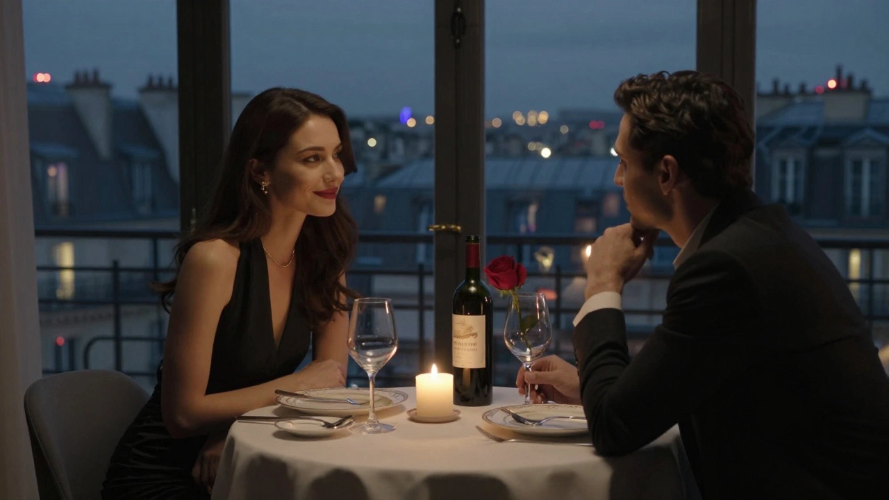 Candlelit dinner for two in a Paris penthouse with a breathtaking city view, elegant attire and intimate eye contact.