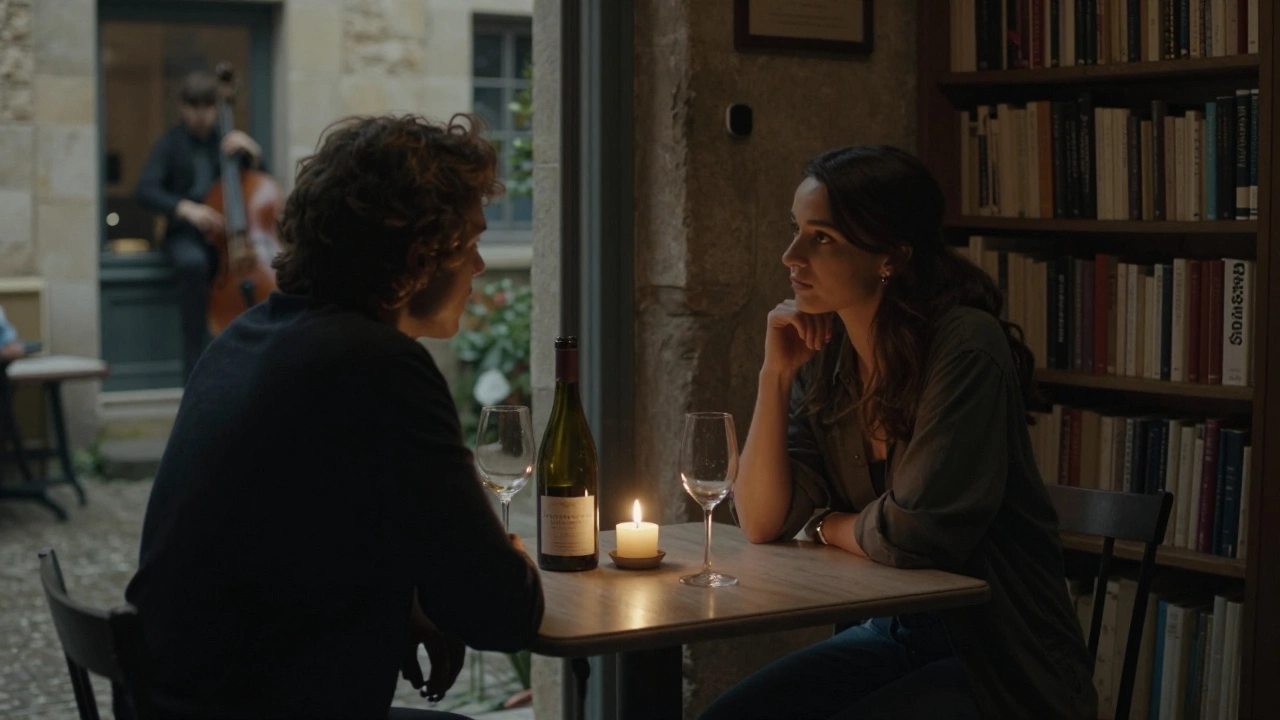 Candlelit dinner in a hidden courtyard with wine and books, soft light illuminating a quiet moment between two people.