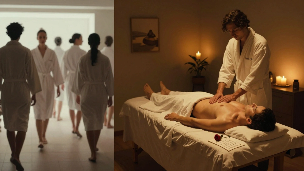 Contrasting scenes: a crowded spa versus a peaceful private massage room, highlighting emotional connection.
