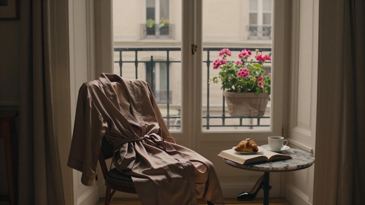 Dawn light in a Paris apartment with robe, croissant, and espresso, empty but full of quiet memory.