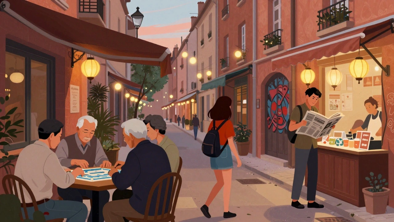 Diverse locals gather in a multicultural Paris neighborhood at dusk, with mahjong players and food stalls under warm lights.