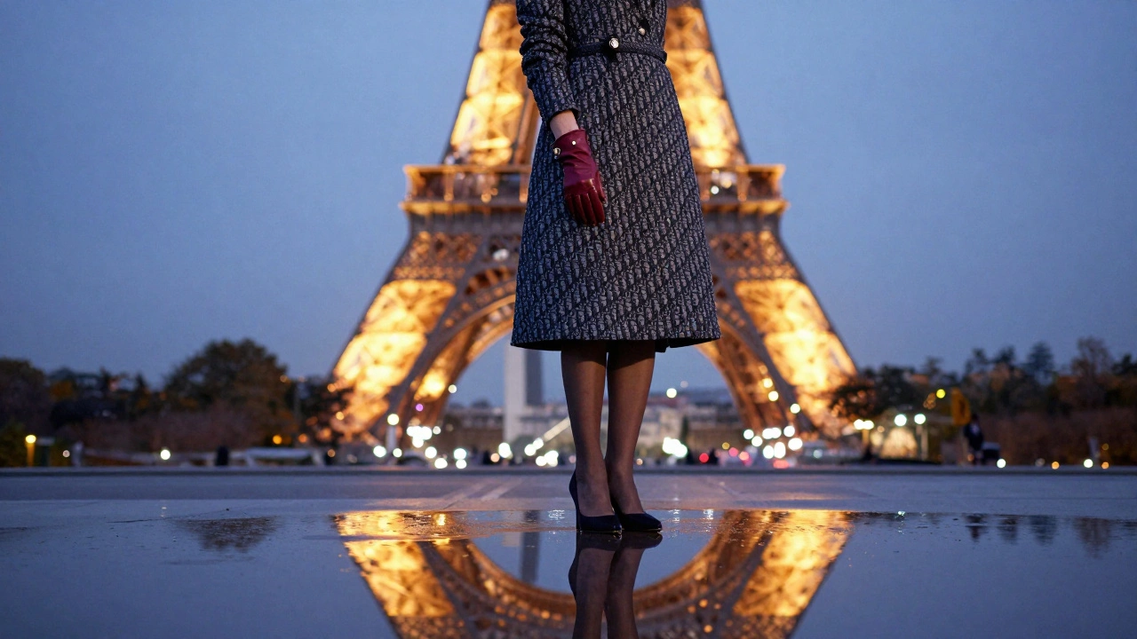 Elegant figure beneath the Eiffel Tower at twilight, coat flowing, city lights reflecting in a puddle.