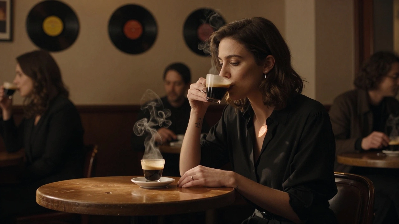 Modern muse sipping espresso in a cozy Montmartre jazz bar, warm lighting, vinyl records on the wall.