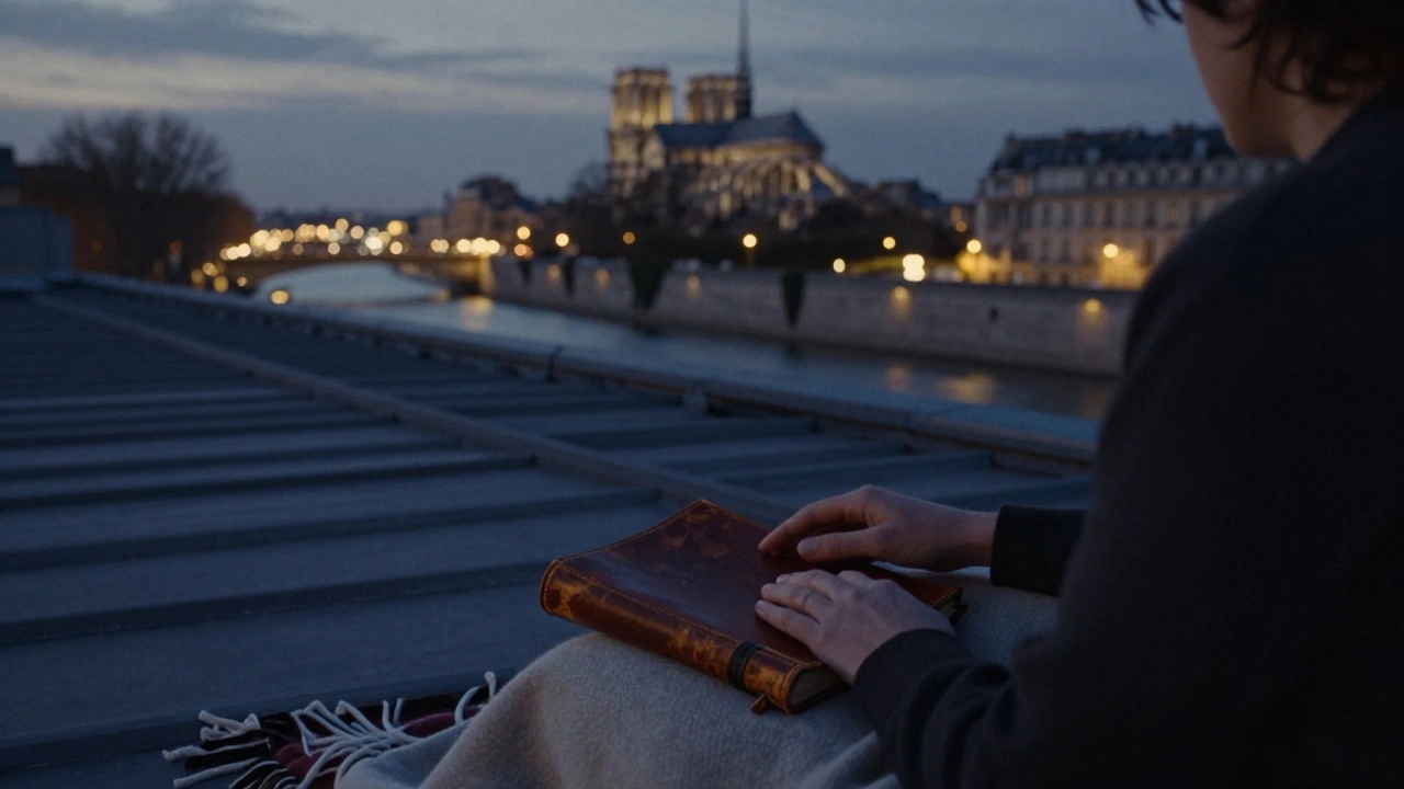 Silhouettes on a rooftop terrace at twilight overlooking the Seine, sharing silence and a blanket under city lights.