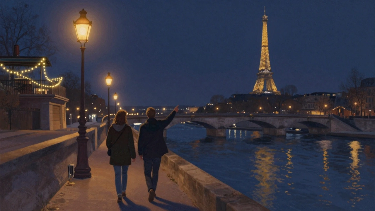 Silhouettes walking along the Seine at night, pointing toward a hidden rooftop with glowing lights and the Eiffel Tower in the distance.