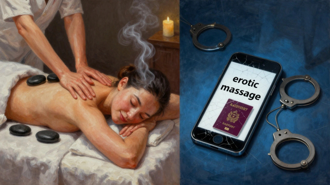 Split image: peaceful massage on one side, dangerous fake ad and handcuffs on the other, representing the choice between safe and risky massage services.