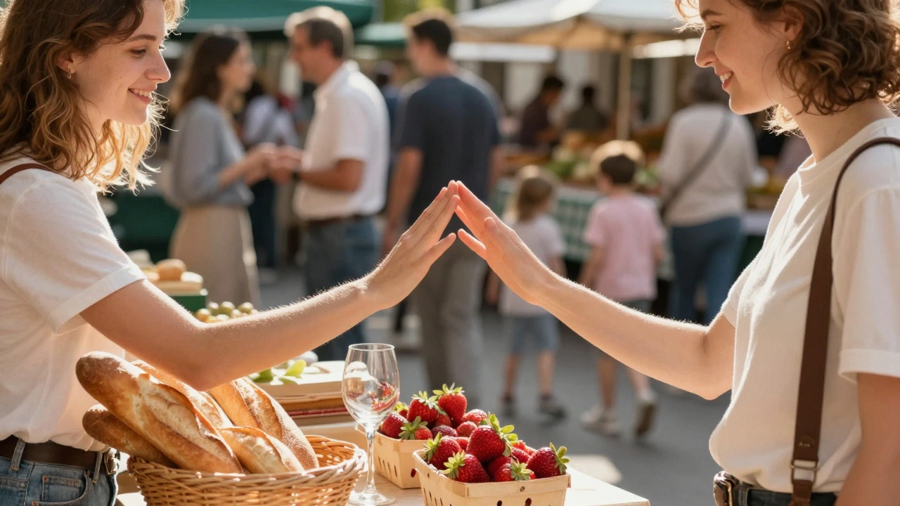Strangers brush hands at a Paris market stall while reaching for strawberries, sunlight glinting off fresh fruit.