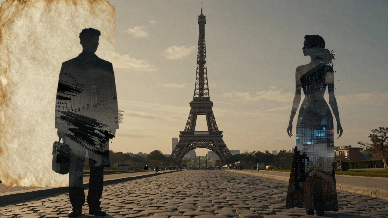 Three abstract figures representing different types of escorts emerging from Parisian cultural textures toward the Eiffel Tower.