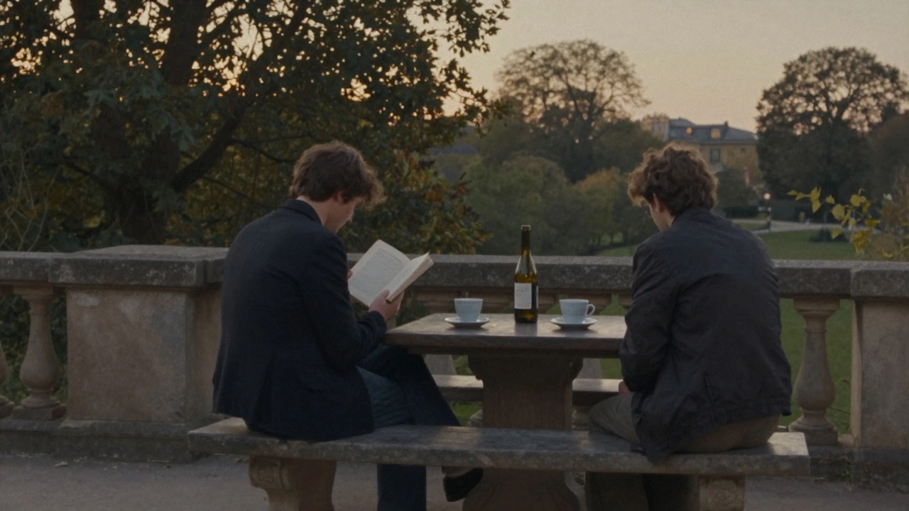 Two figures sitting peacefully on a hidden terrace at dusk, enjoying quiet companionship.