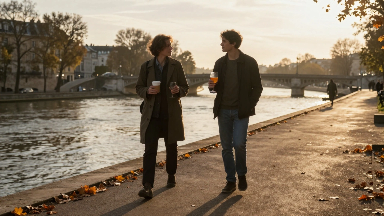 Two figures walk together along the Seine at sunset, shadows long, holding drinks, surrounded by autumn leaves and quiet beauty.