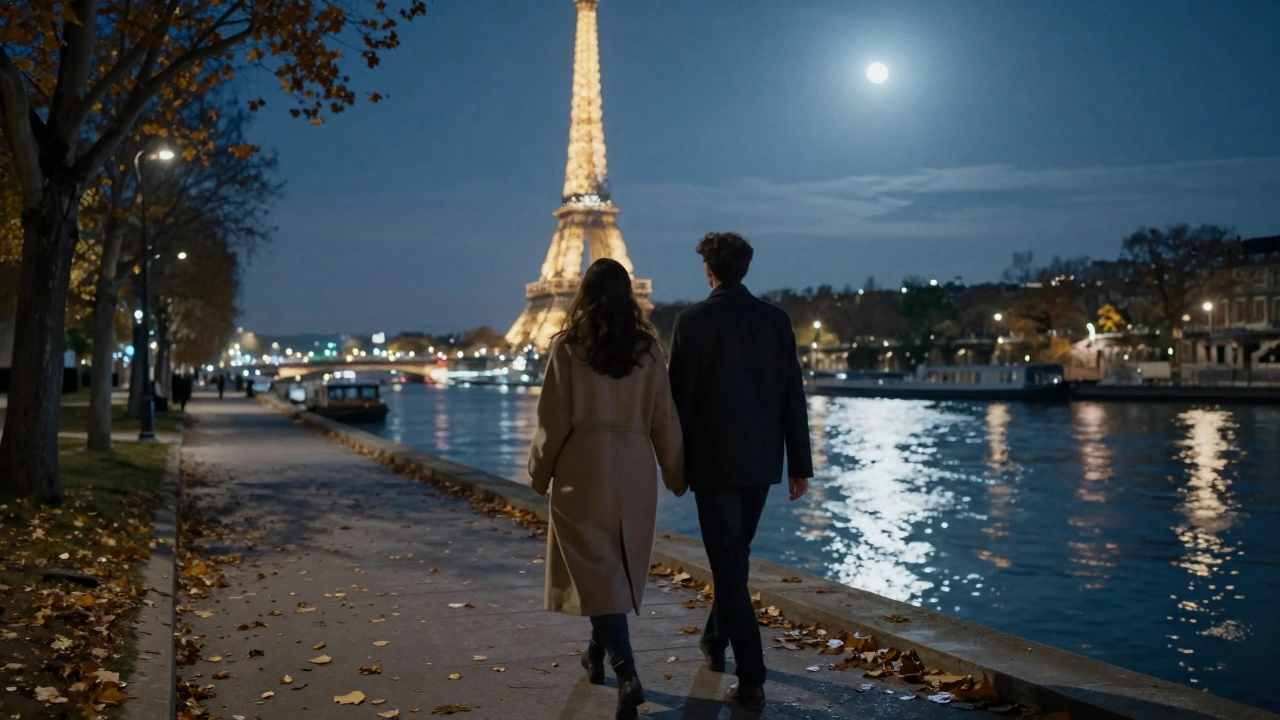 Two figures walking along the Seine at night, the Eiffel Tower glowing softly in the distance.