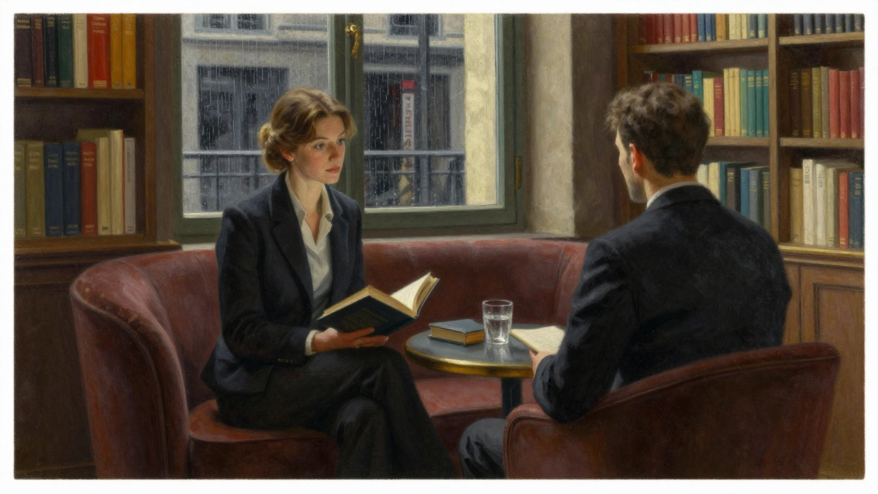 Two people converse in a cozy Parisian lounge filled with books, bathed in soft lamplight.