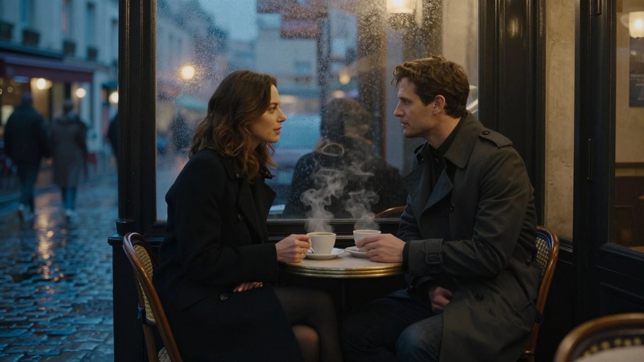 Two people having a tender conversation in a Montmartre café, rain softly falling outside the window.