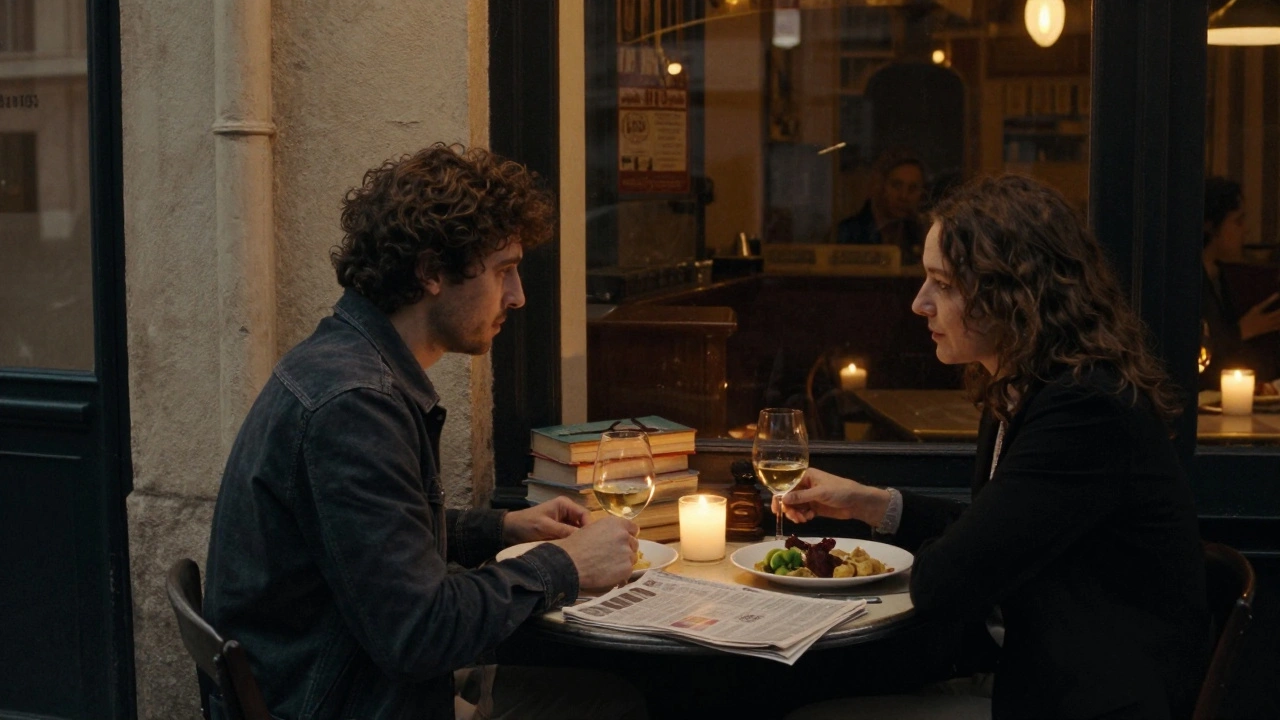 Two people share a quiet dinner in a cozy Paris bistro, lit by warm candlelight and soft lamplight.