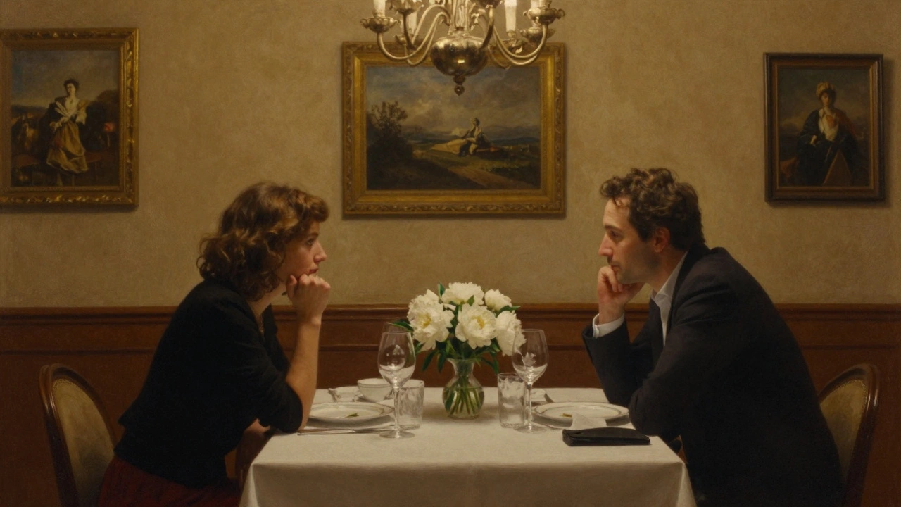 Two people share a quiet, elegant dinner in a Parisian fine dining room with soft lighting and fine tableware.