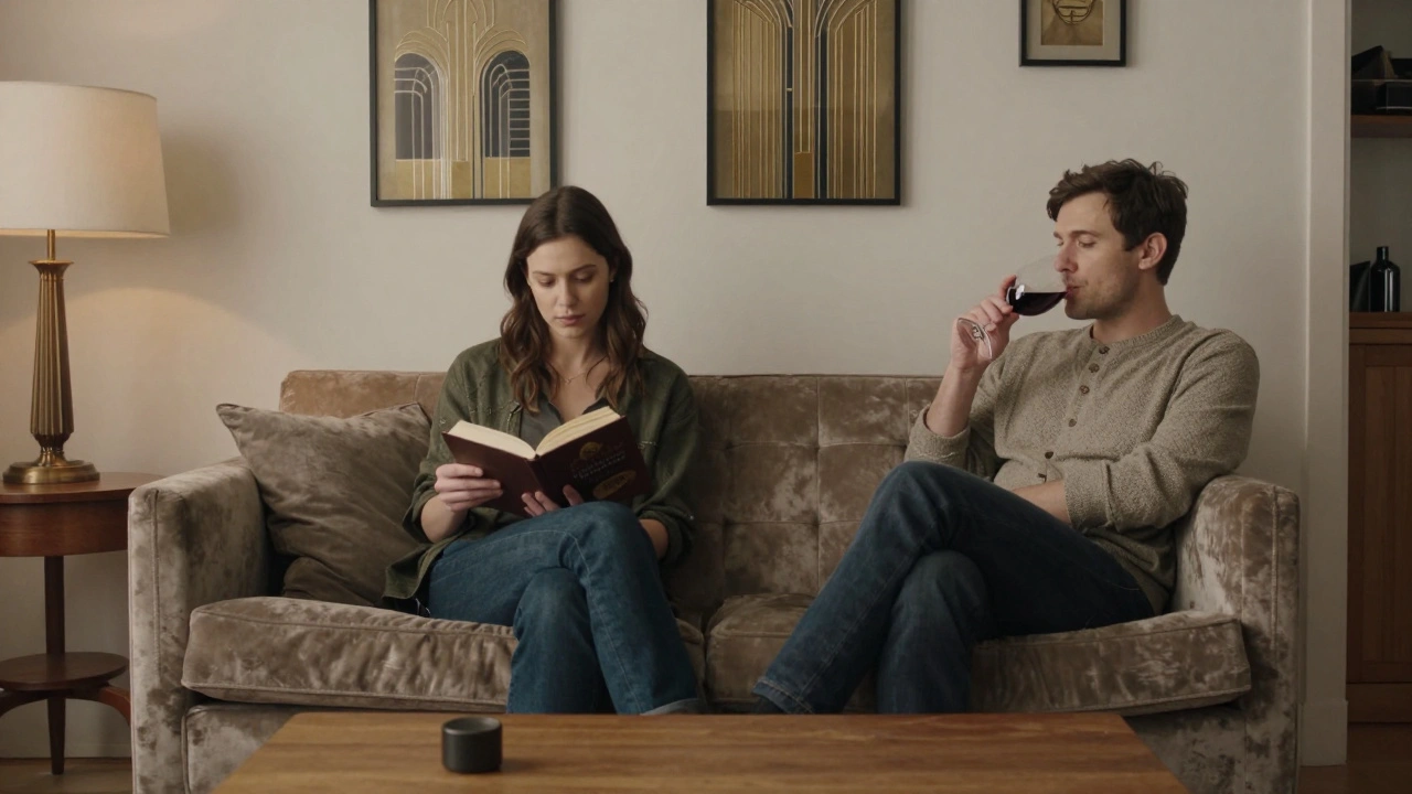 Two people share a quiet moment in a tastefully decorated Paris apartment, no physical intimacy, only companionship.