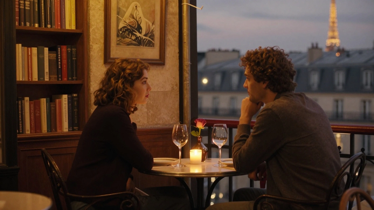 Two people share an intimate evening on a hidden terrace with wine, candlelight, and Parisian rooftops in the distance.