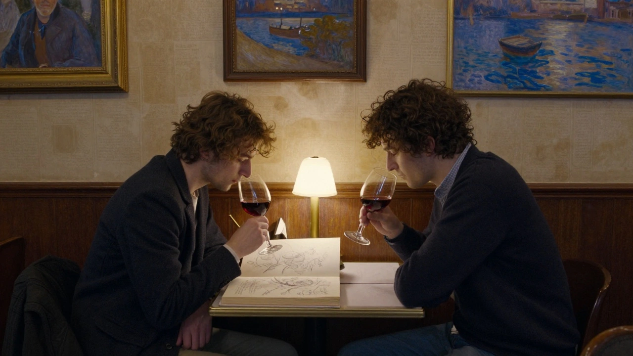 Two people share wine and a book of Monet sketches in a cozy bistro, lit by candlelight in Saint-Germain-des-Prés.