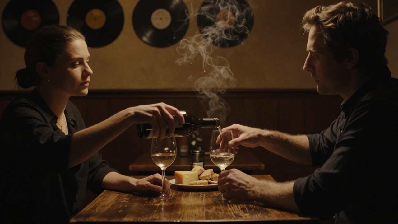 Two people share wine in a dimly lit hidden jazz bar in Paris&#039;s Marais neighborhood.