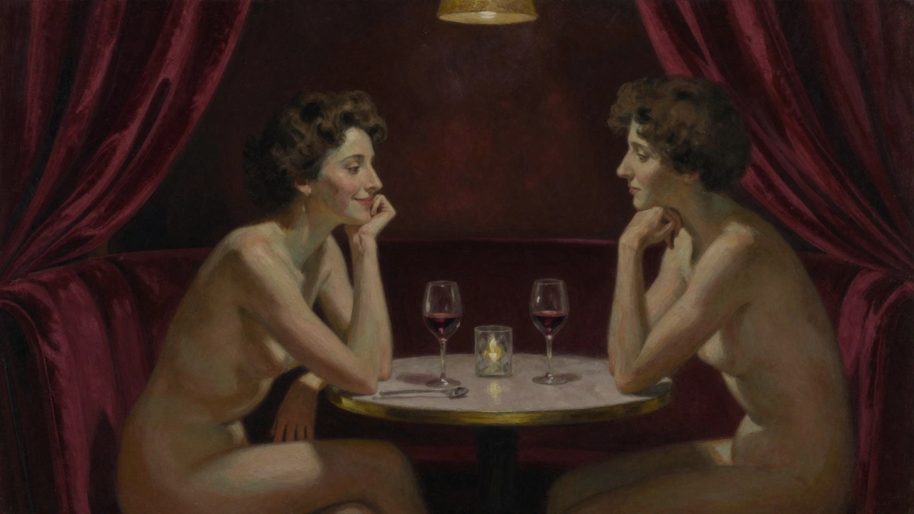 Two people sit quietly in a dimly lit lounge, sharing wine and quiet conversation under soft jazz lighting.