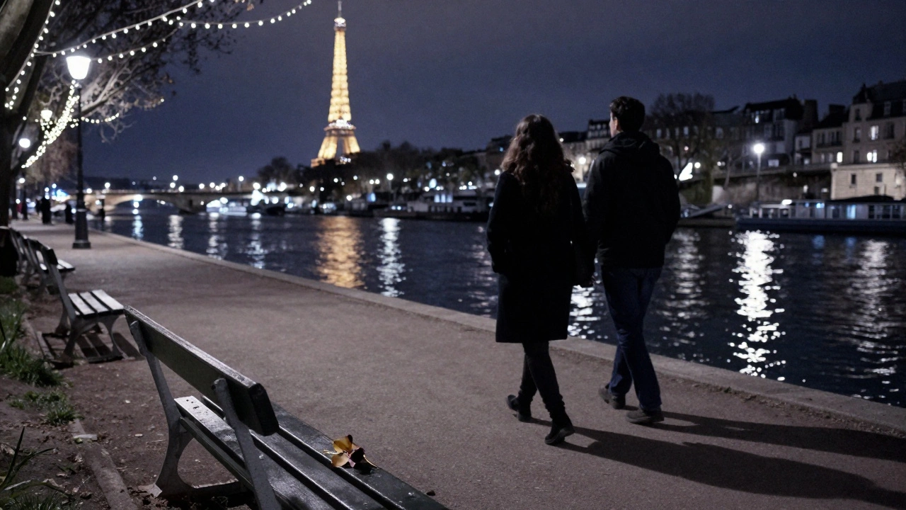 Two silhouettes walking along the Seine at night in the 13th district, their reflections shimmering in the water under soft lights.