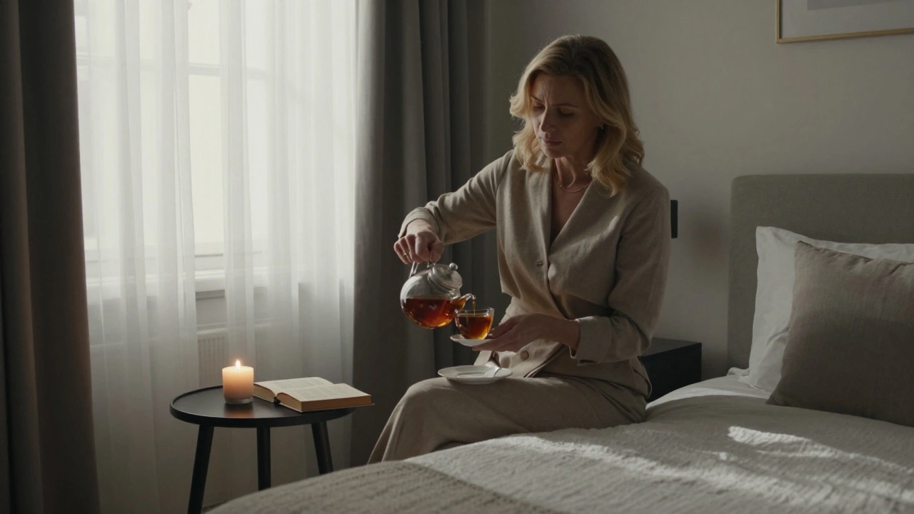 Woman pouring tea for a guest in a quiet hotel room, candlelight, minimalist decor, no nudity, serene atmosphere.