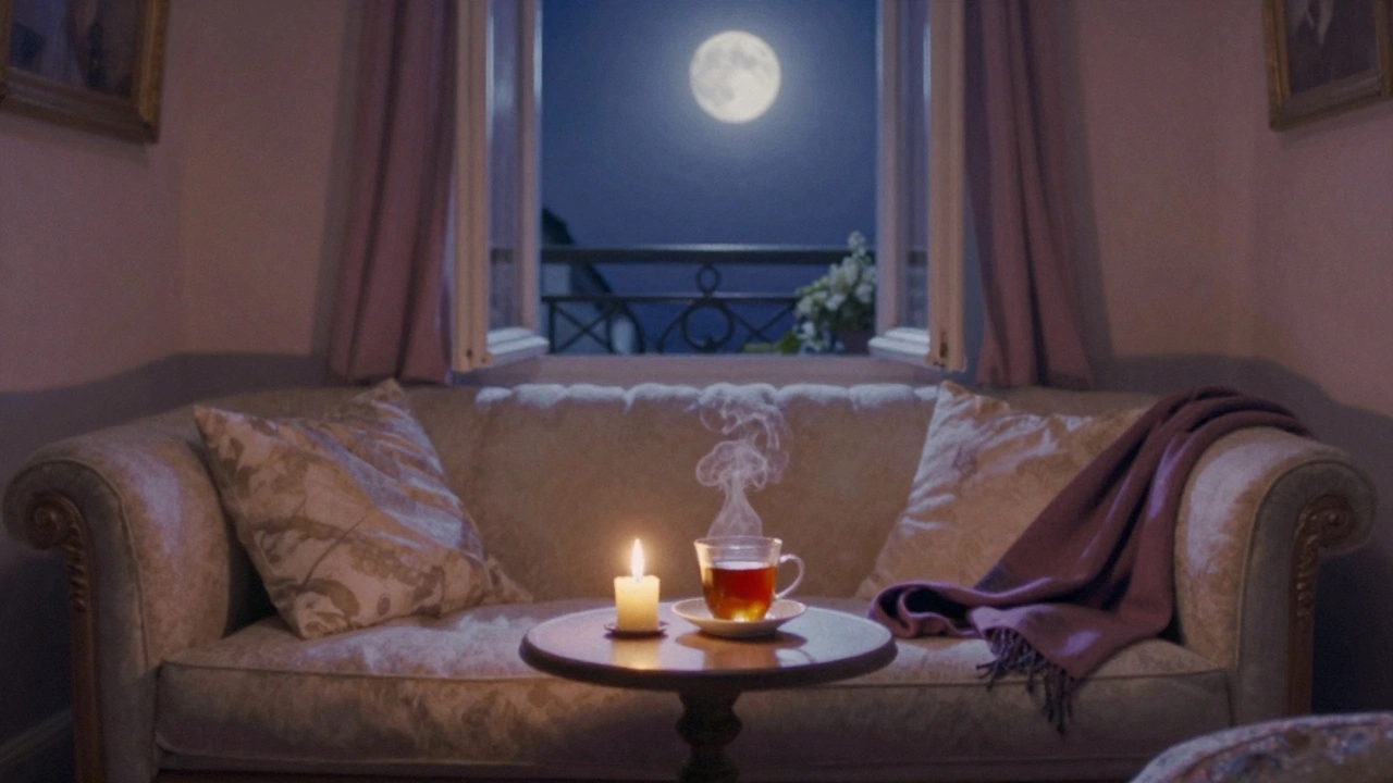 A candlelit salon room with tea and a folded blanket, moonlight streaming through an open window.
