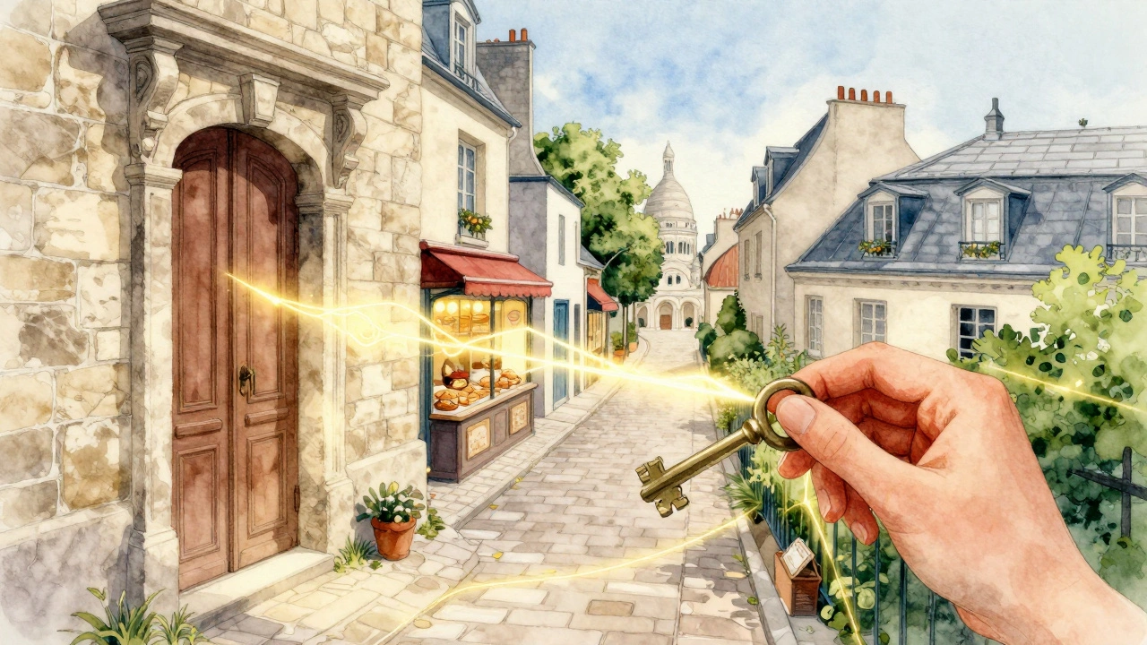 A golden path leading through hidden Parisian scenes from a mysterious door.