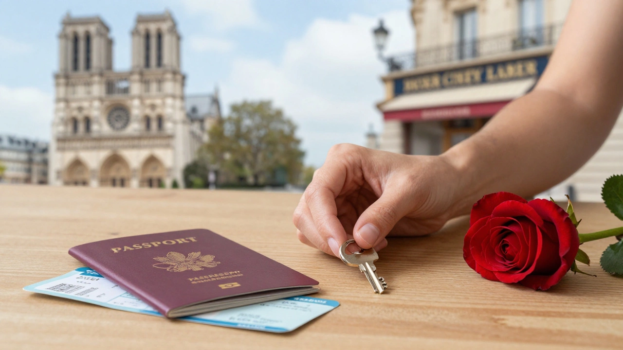 A hand places a key, passport, and rose on a wooden table, with blurred Paris landmarks in the background.