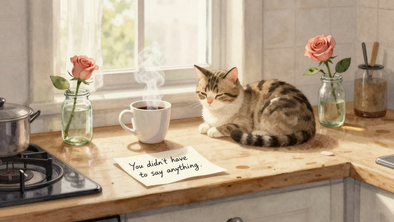 A handwritten note and steaming coffee on a kitchen counter with a cat curled nearby.