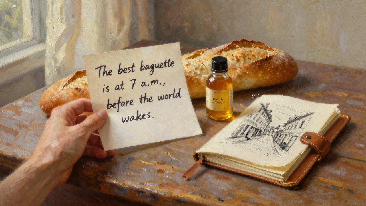 A handwritten note beside fresh bread and honey on a wooden table, with morning light and a sketch of a Paris street.