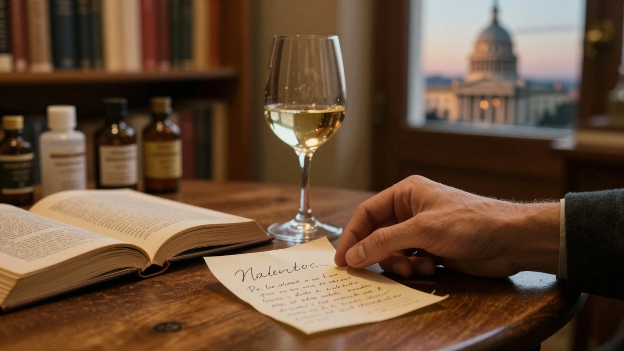 A handwritten note, open book, and glass of wine rest on a wooden table near a hidden bookshop in Paris.