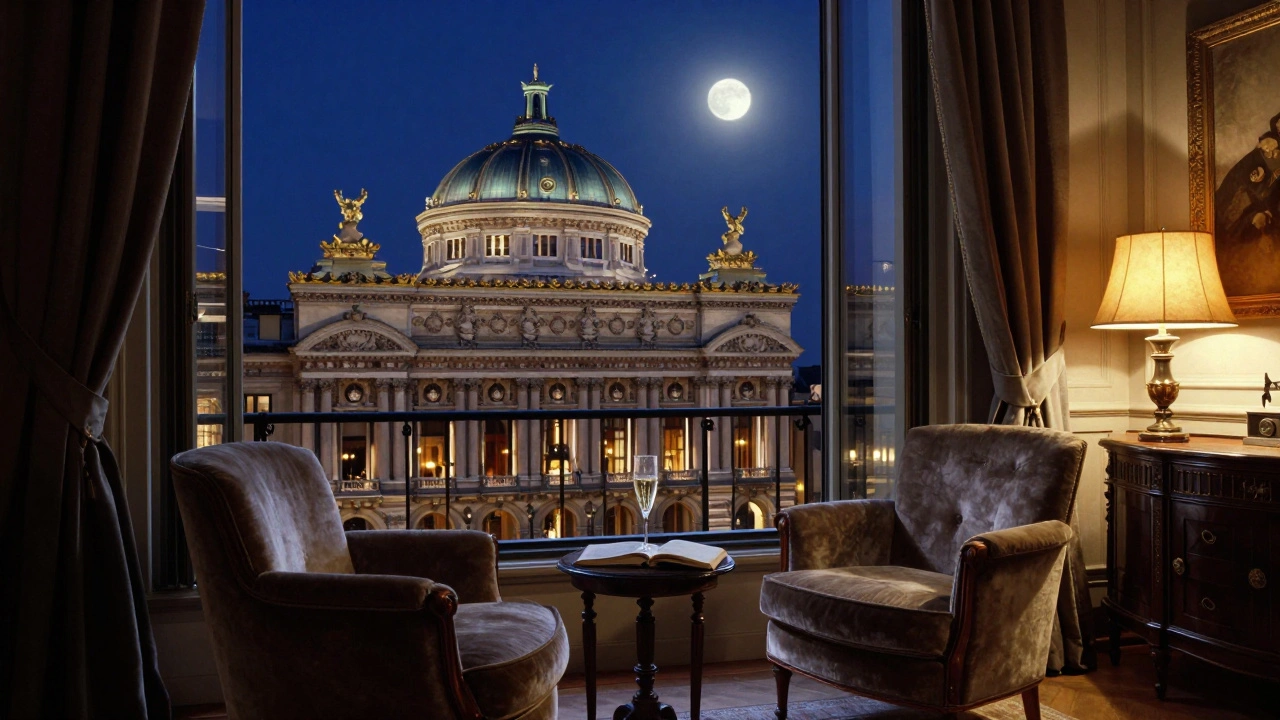 A luxurious penthouse at night with a view of the Opéra Comique, an empty armchair and champagne glass hinting at a departed guest.