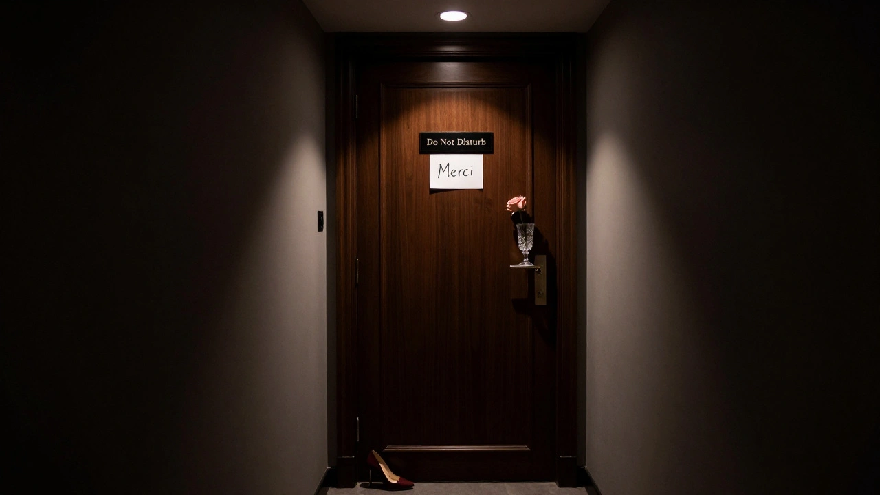 A luxury hotel hallway at night with a single rose and shoe by a closed door, suggesting a private, respectful encounter.
