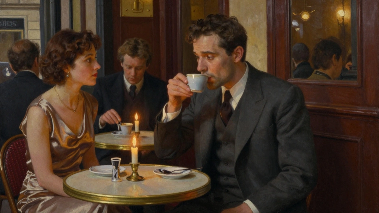 A man in a bespoke suit sips espresso in a cozy Parisian café, candlelight glowing softly.
