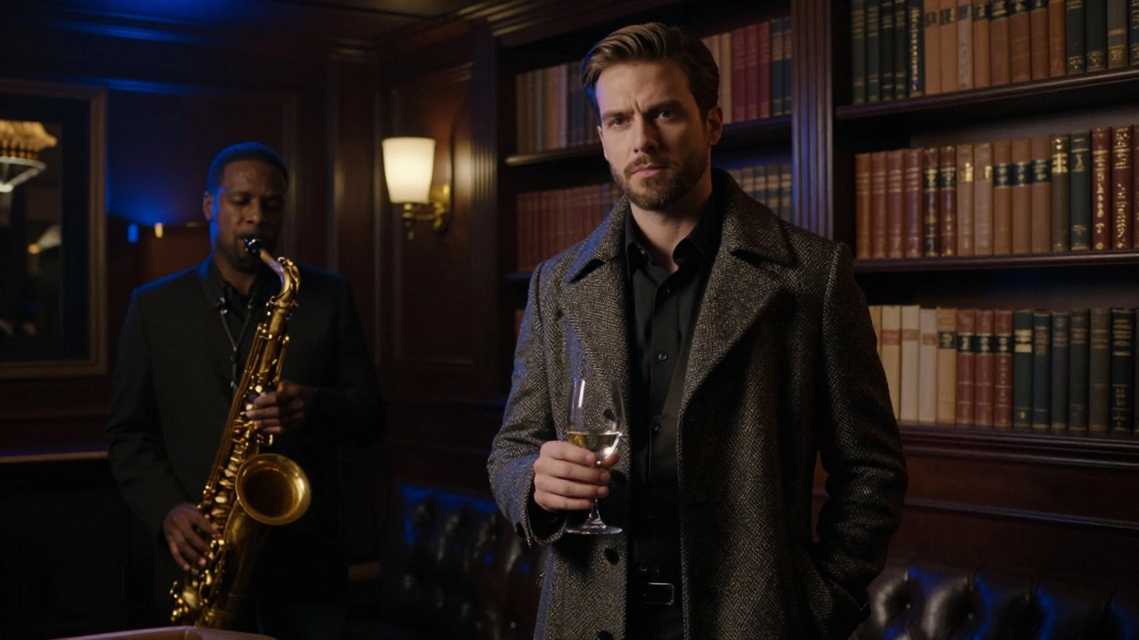 A poised companion stands in a cozy jazz bar in Montparnasse, surrounded by warm ambient light and vintage books.