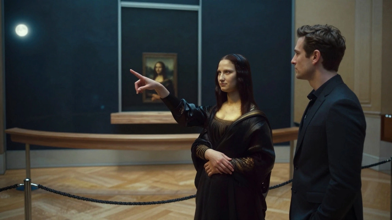 A private museum tour at the Louvre after hours, with a companion pointing to a famous painting.