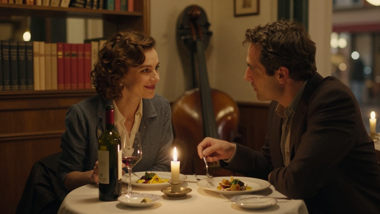 A quiet dinner for two in a hidden Paris bistro, candlelight reflecting off wine glasses.