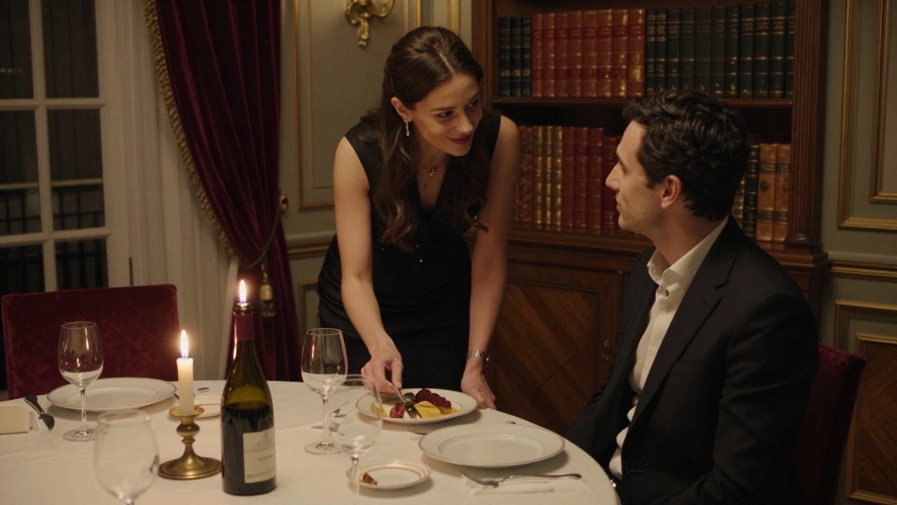 A quiet intimate dinner in a historic Parisian townhouse, candlelight illuminating wine and fine china.