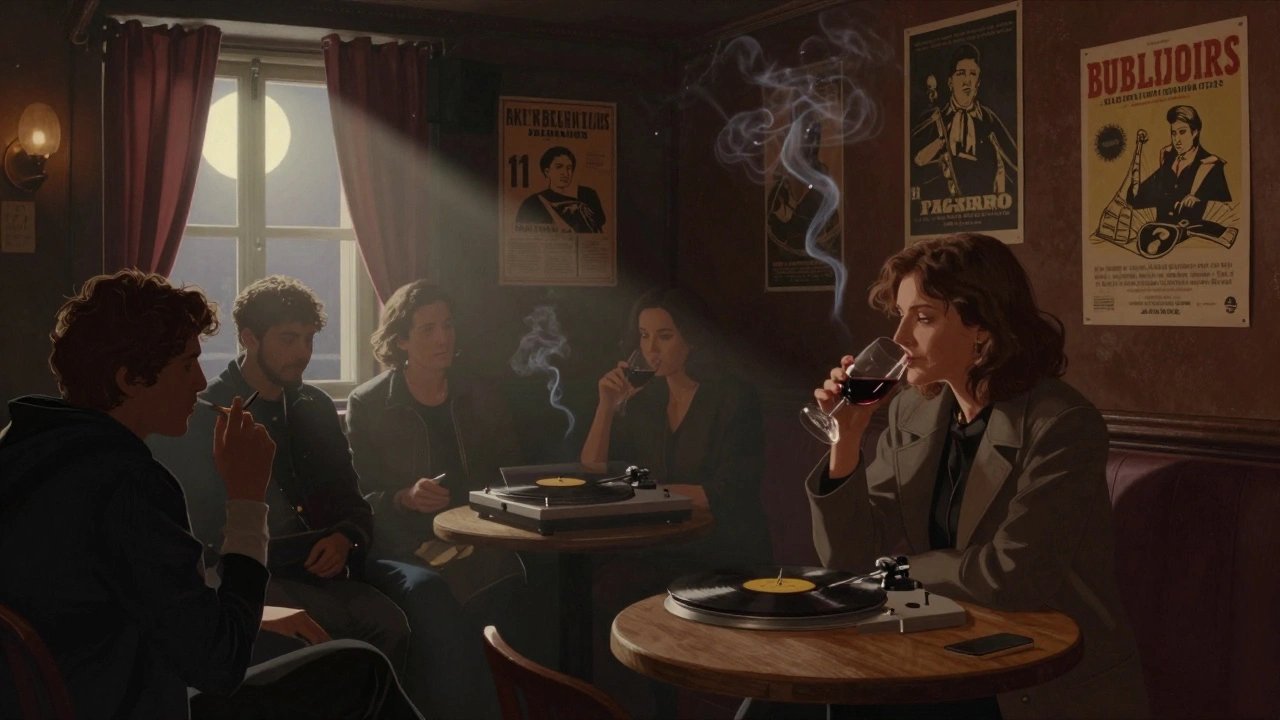 A quiet jazz club basement in Belleville with soft lighting, a woman sipping wine, and vintage posters on the walls.