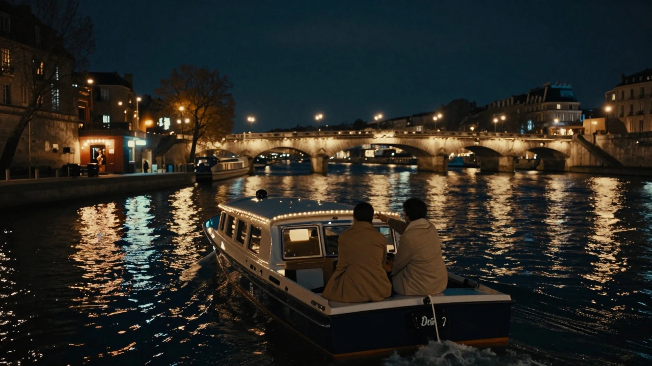 A quiet nighttime boat ride on the Seine with city lights reflecting on the water.