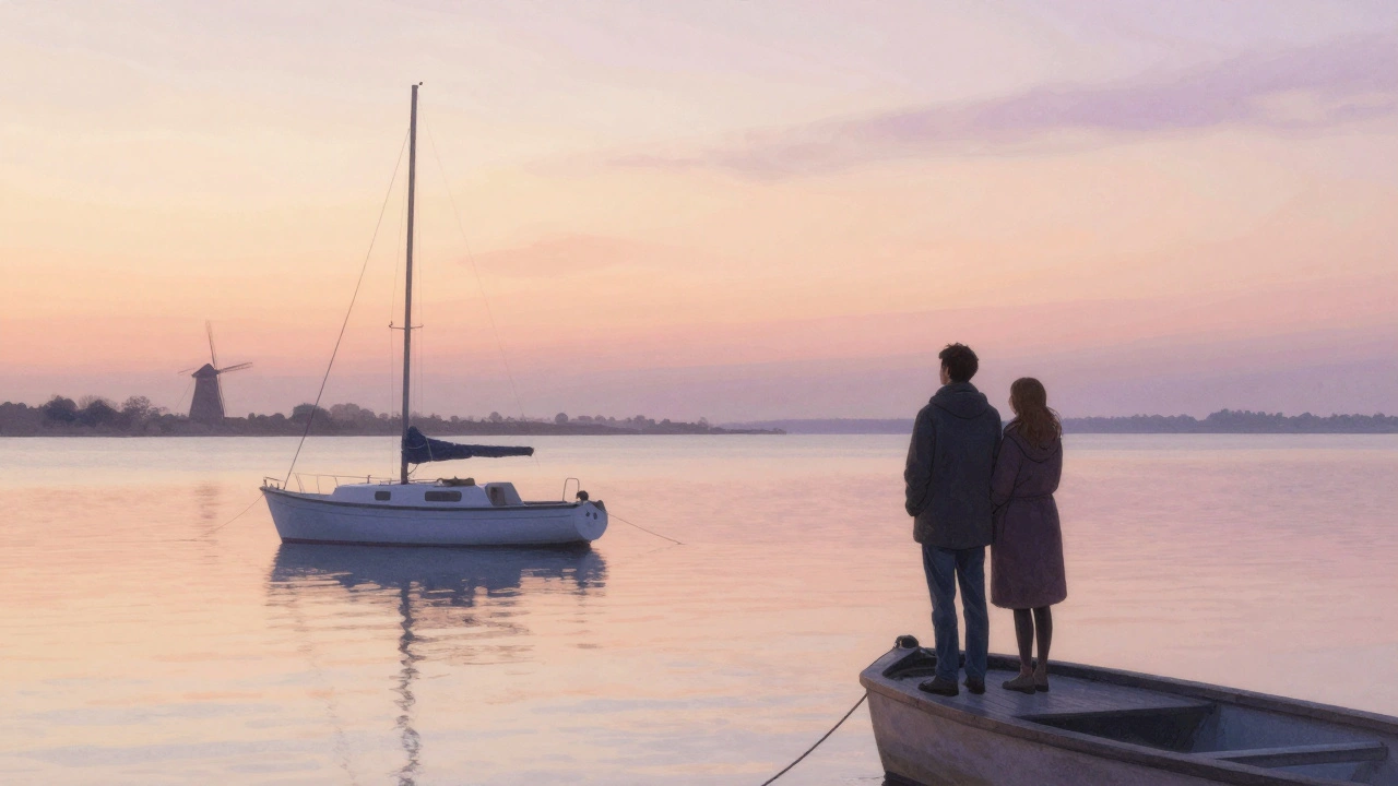A serene sunrise on a private boat off Île de Ré, two figures standing together in quiet companionship.