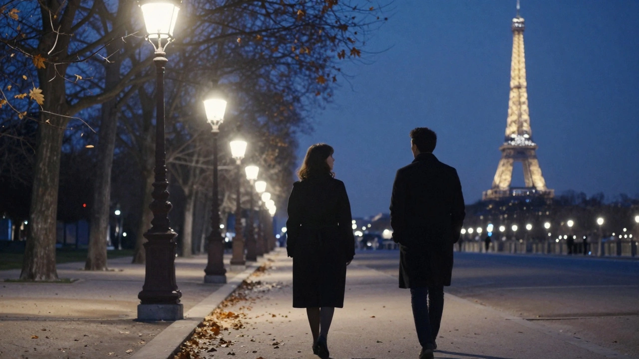 A silent nighttime walk through the Jardin des Champs-Élysées, the Eiffel Tower glowing in the distance.