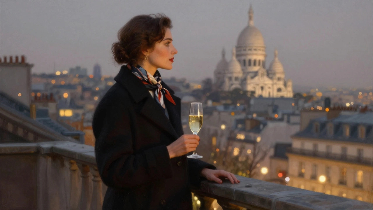 A stylish woman stands on a Paris rooftop at dusk, holding champagne with city lights below.