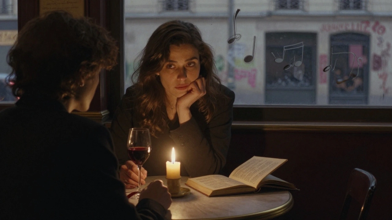 A woman converses at a candlelit bistro table in Montmartre, books and wine beside her, soft lighting highlighting her thoughtful expression.