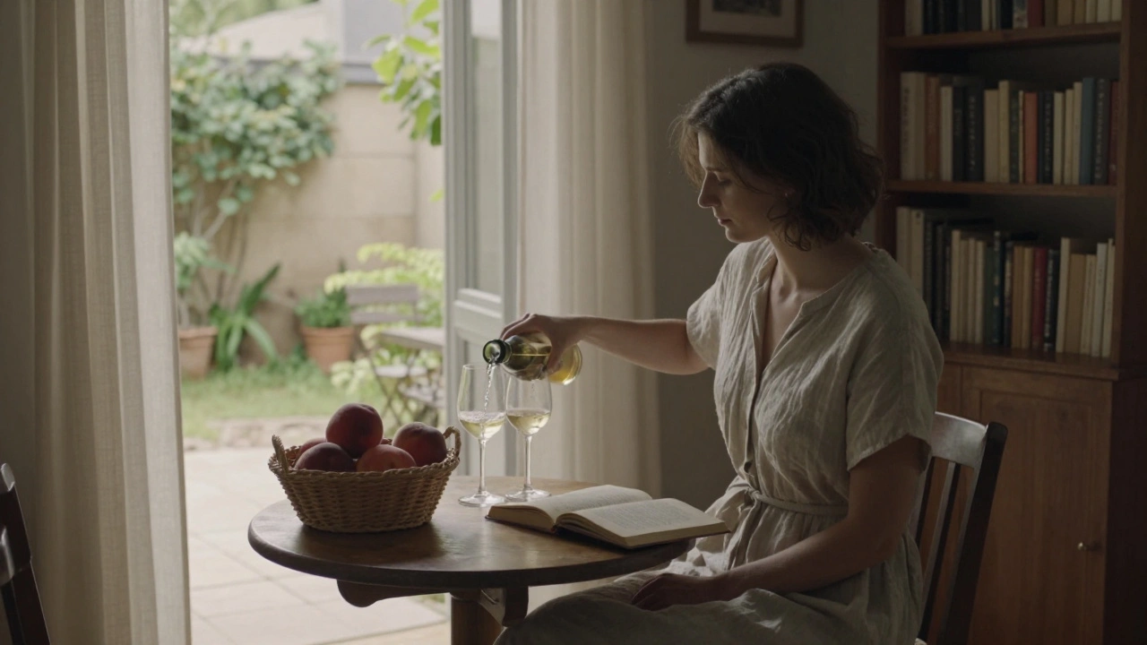 A woman pours wine at a wooden table in a cozy Paris apartment, sunlight streaming through curtains.
