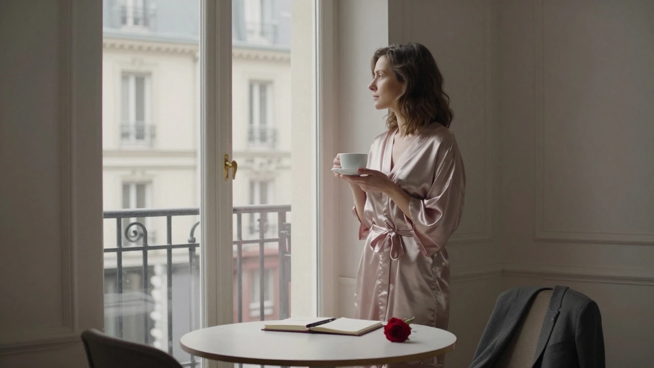 A woman stands by a sunlit window in a Paris apartment, holding coffee, with a rose and notebook on the table.