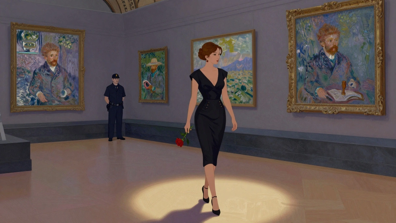 A woman walking through the Musée d'Orsay at dusk, holding a rose, surrounded by famous paintings.